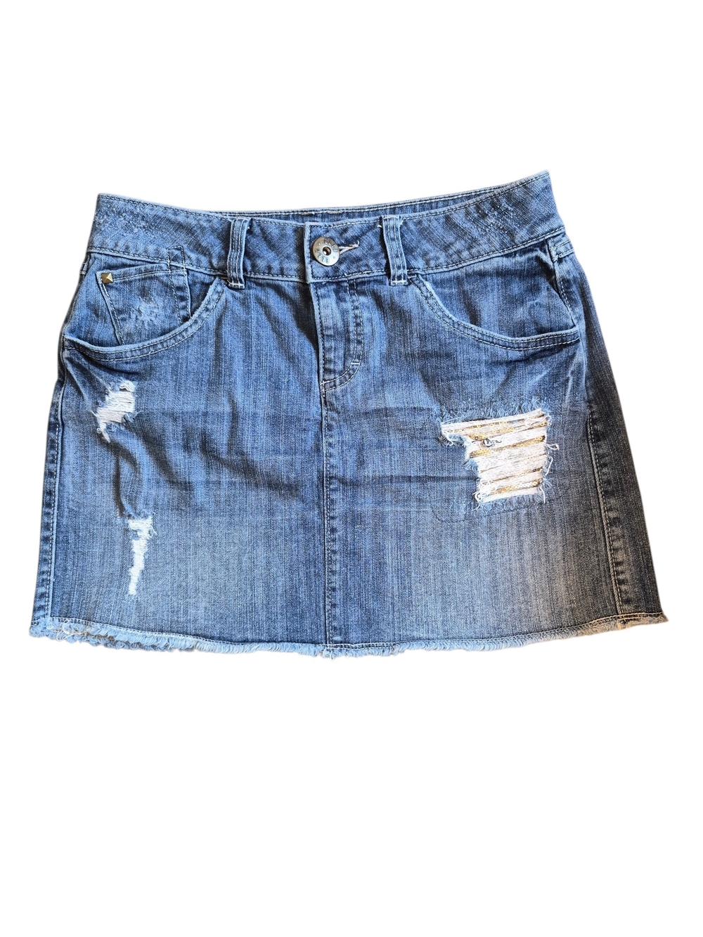 Elle Light Blue Distressed Denim Mini Skirt With Gold Sequins